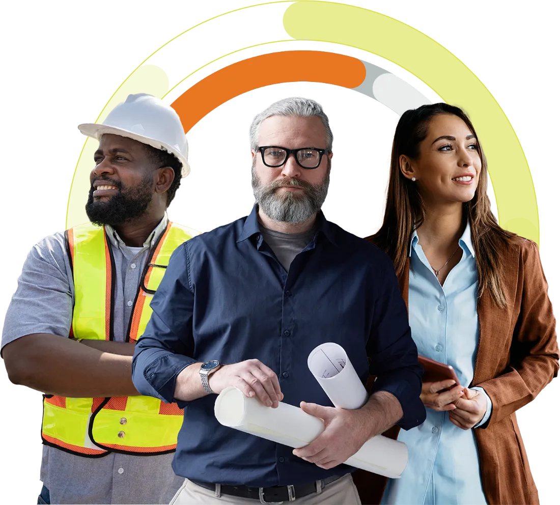 Three AEC professionals — a site lead in a hard hat, an executive holding drawings, and a project leader