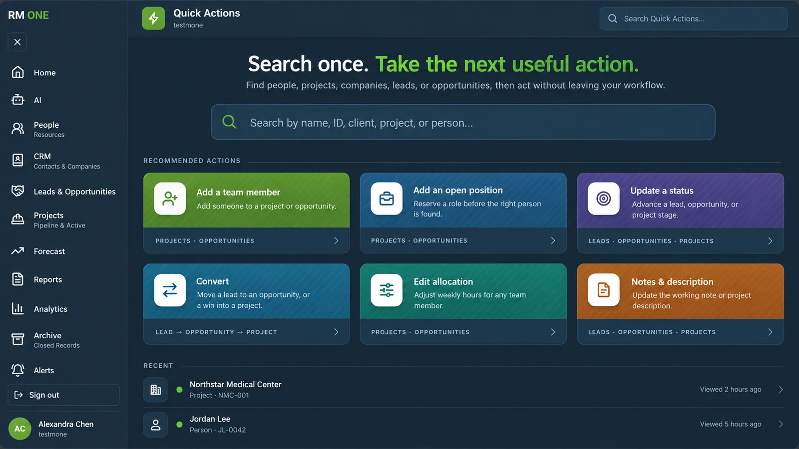 RM ONE Quick Actions screen with a search box and suggested next actions