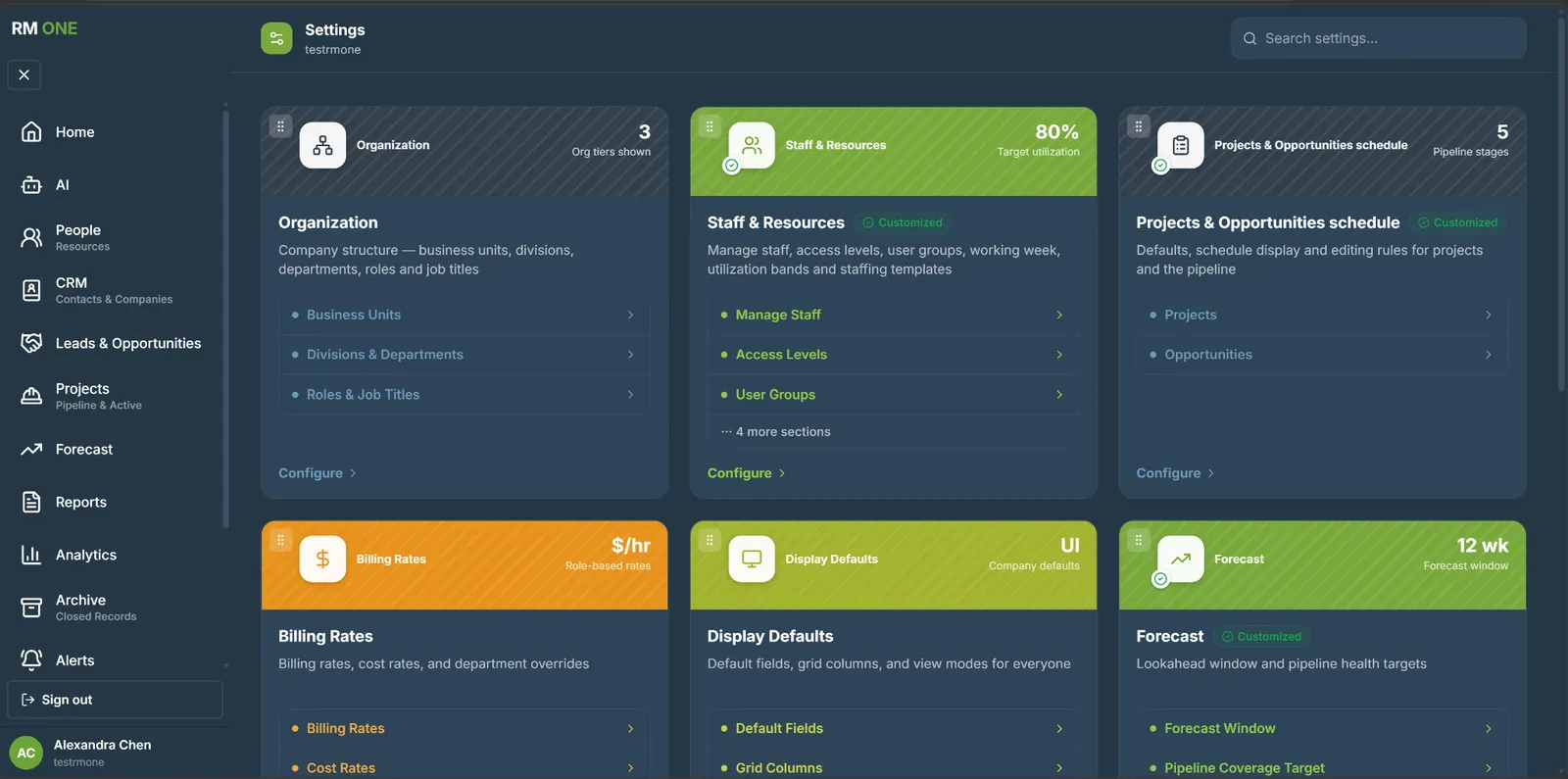 RM ONE settings screen showing connected applications, staff resources, and forecast sources
